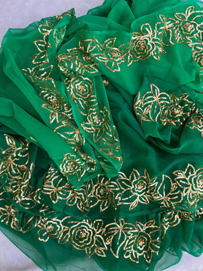 Ombre green rose border saree