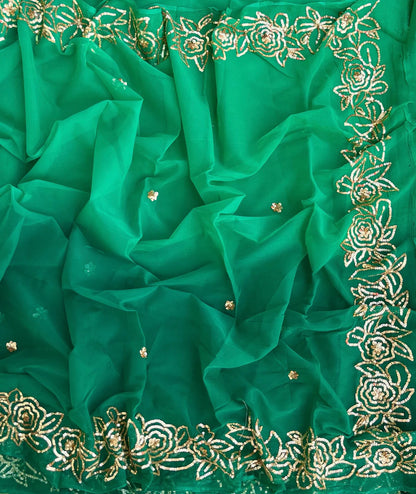 Ombre green rose border saree