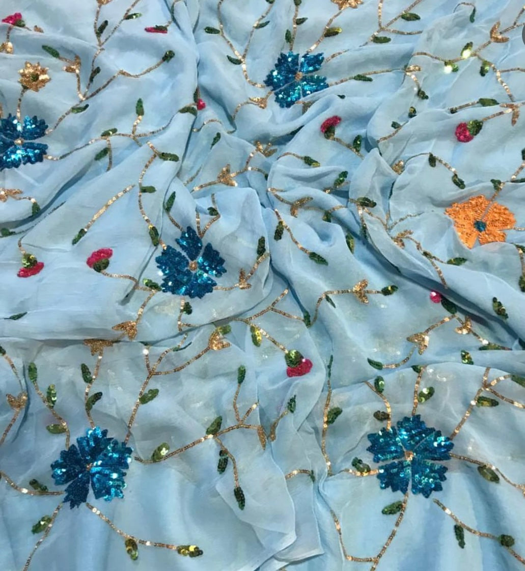 Sky blue sequins Jaal saree