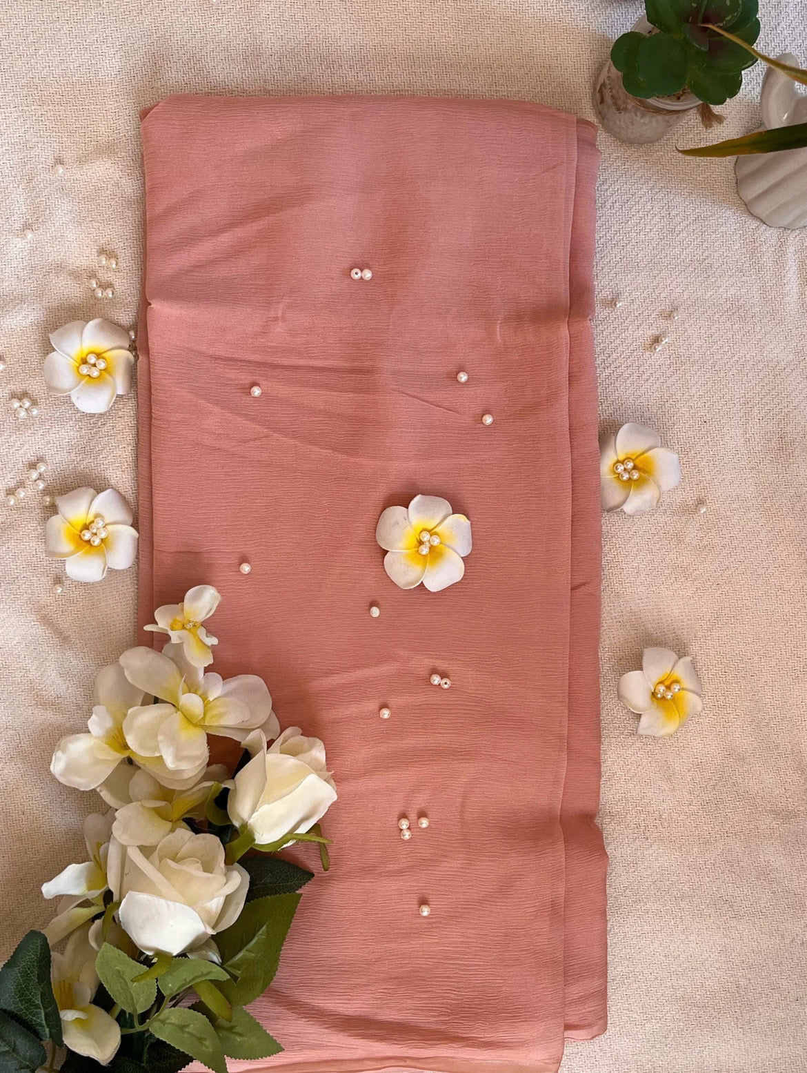 Peach pink chiffon saree