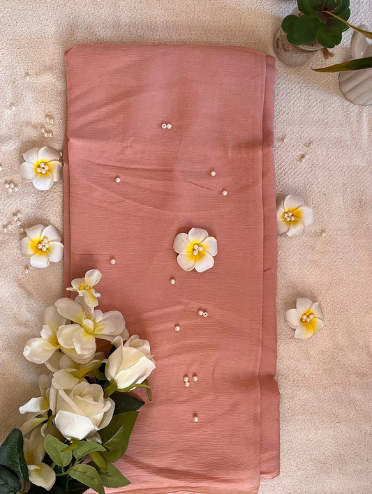 Peach pink chiffon saree