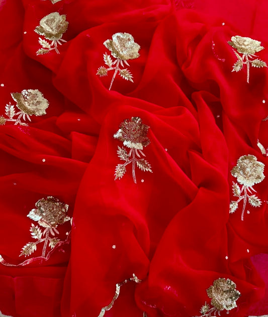Red sequins rose buta saree