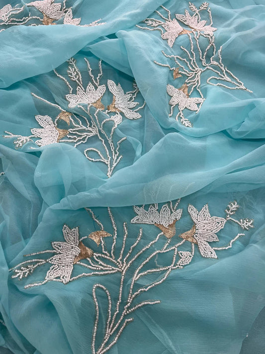 Aqua pearl Zari buta saree