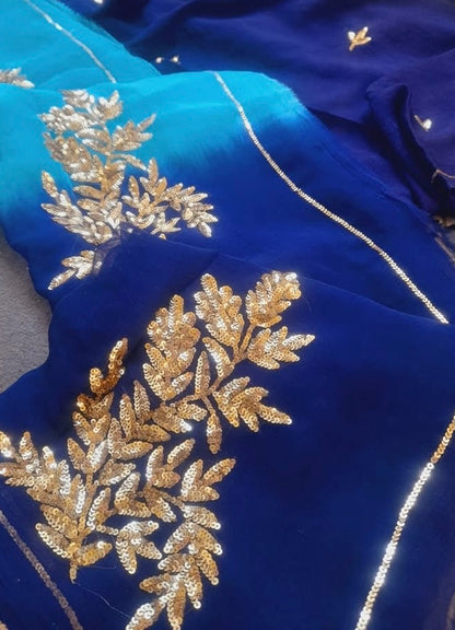 Ombre blue shaded sequins buta saree