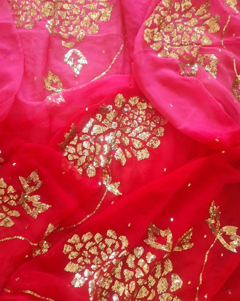 Pink red sequins saree