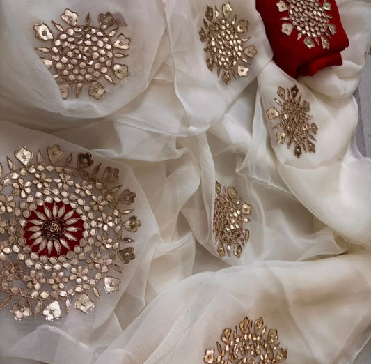 Cream rangoli buta saree