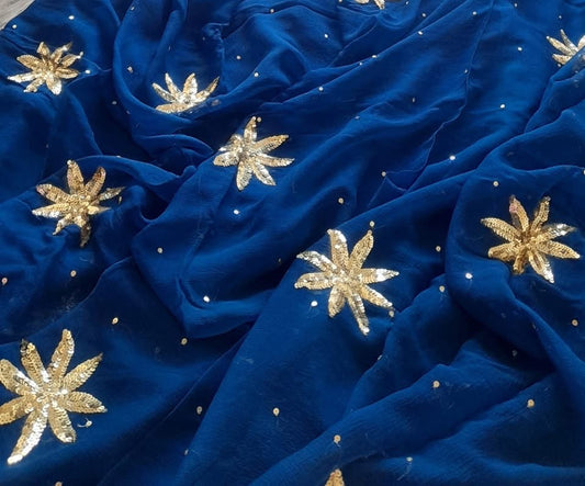 Blue sequins buts saree