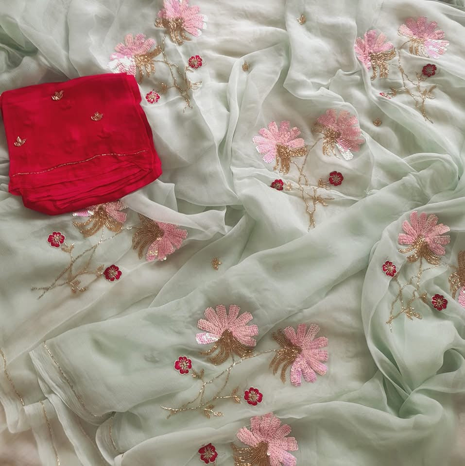 Powder blue cutdana sequins buta saree