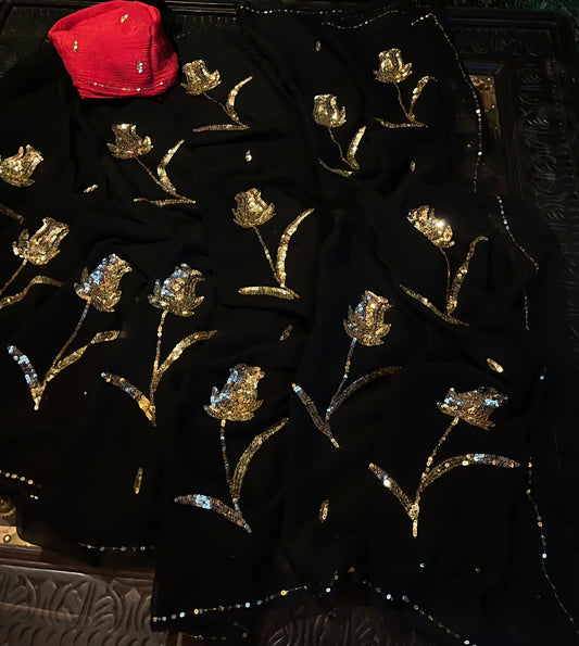 Black golden sequins buta saree