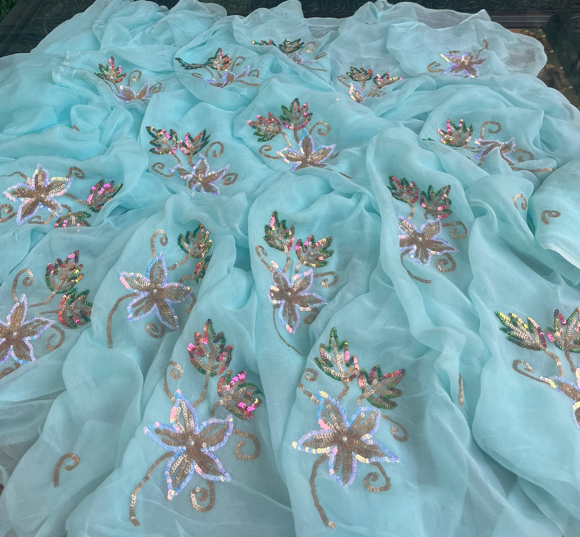 Sky blue sequins buta saree