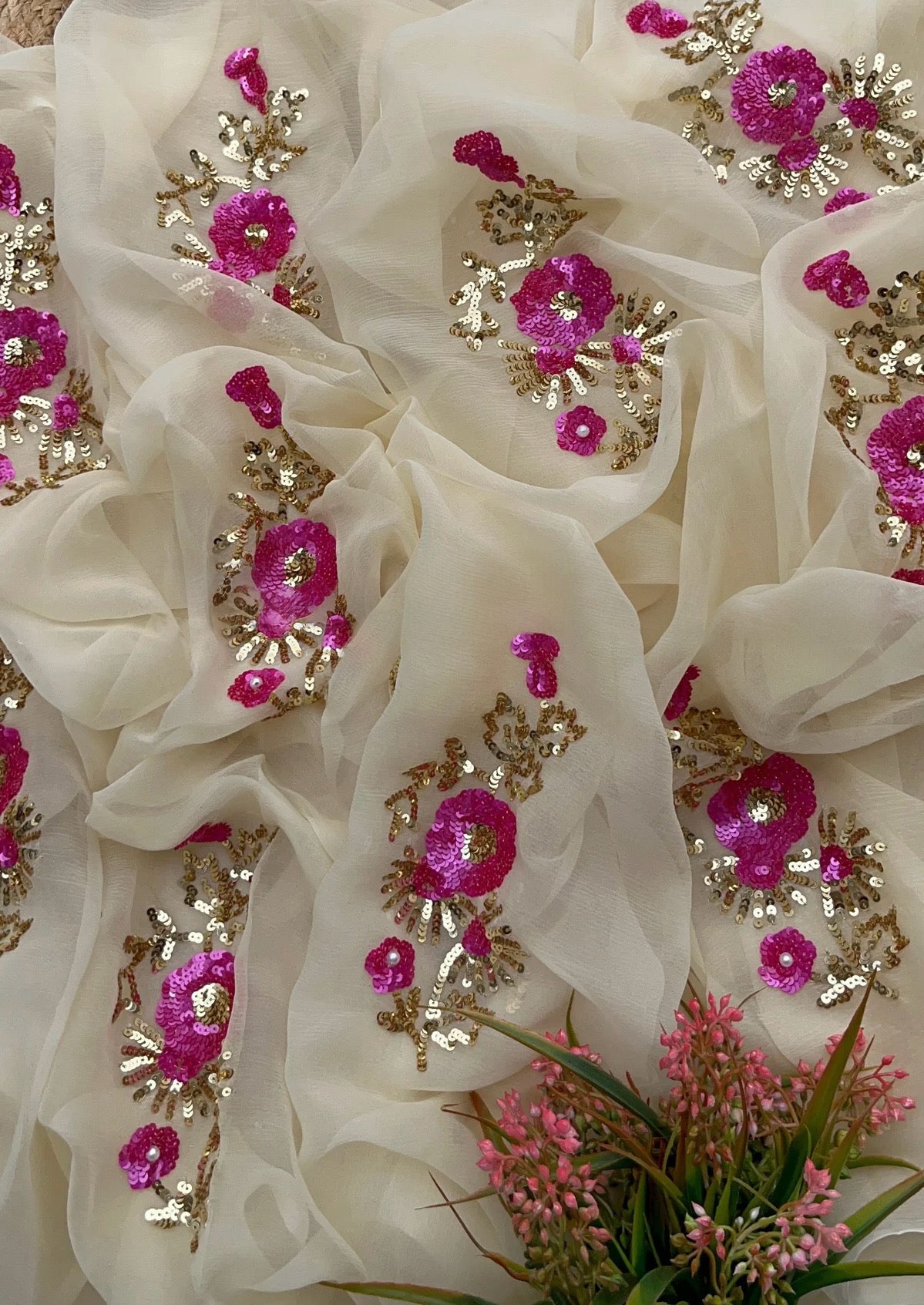 Beige pink sequins flower saree