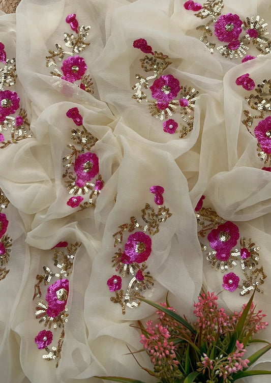 Beige pink sequins flower saree