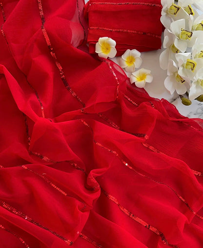 Red sequins saree
