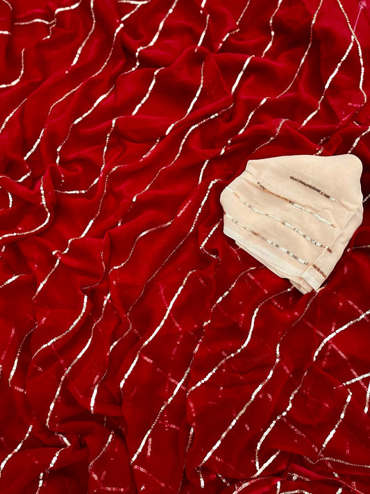 Red sequins stripe saree