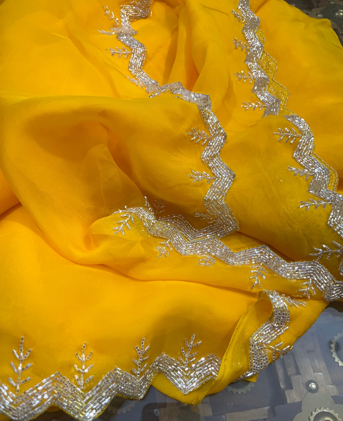Yellow cutdana scallop border saree