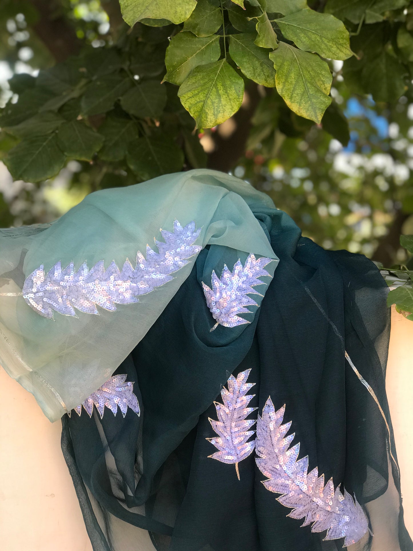 Ombre teal blue shaded sequins buta saree