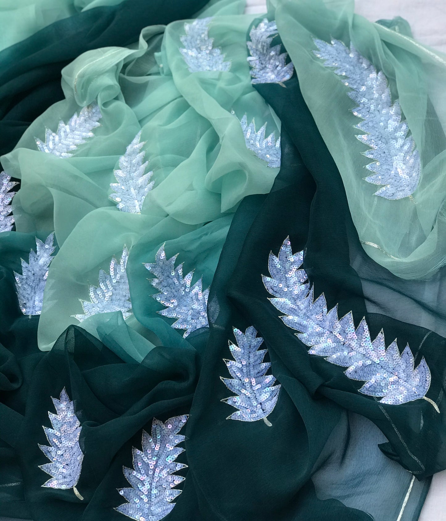 Ombre teal blue shaded sequins buta saree