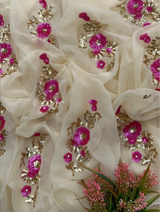 Beige pink sequins flower saree