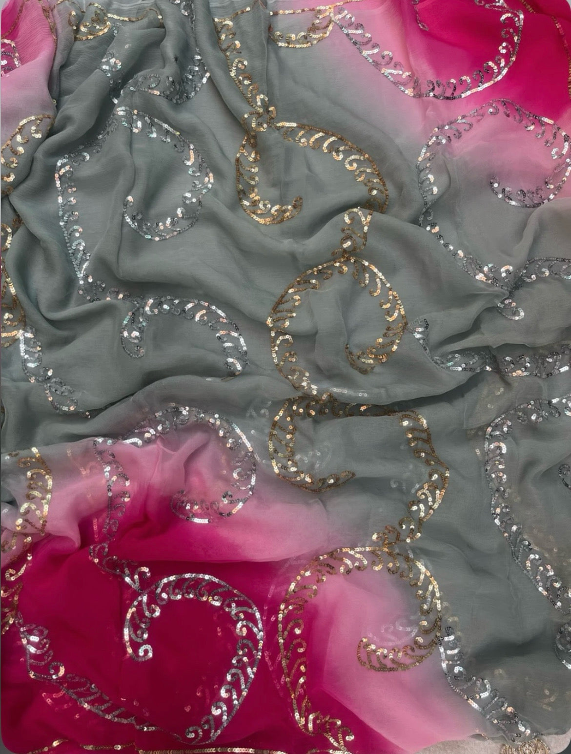 Ombre grey shaded golden silver sequins Jaal saree