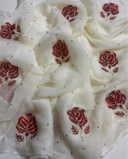 Cream red sequins rose motif