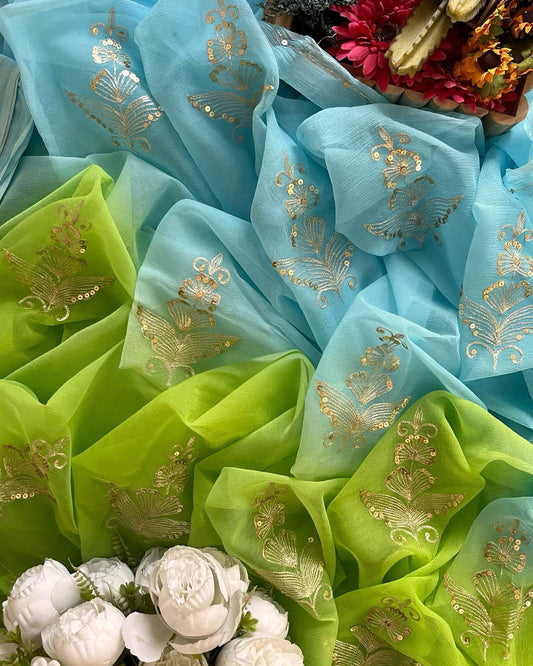 Ombre green blue zari buta saree