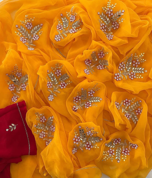 Yellow pearl cutdana Gottapatti motif saree