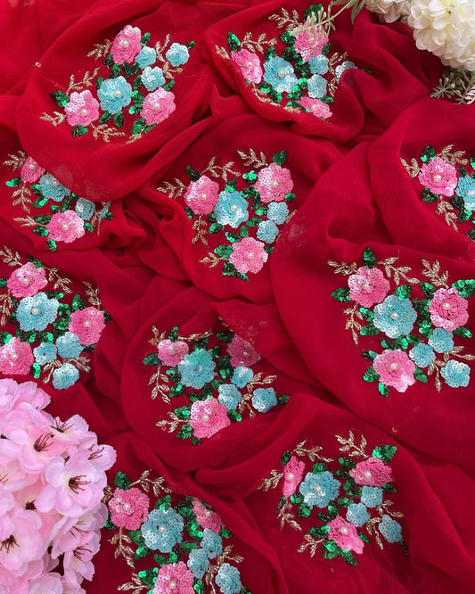 Red sequins buta saree