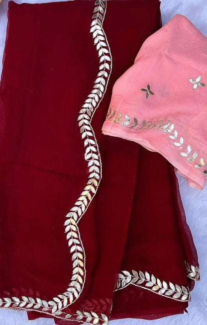 Maroon Gottapatti scallop border