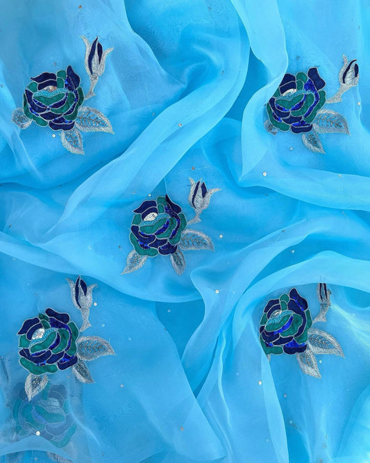 Sky blue rose motif saree