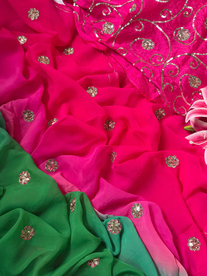 Green pink chiffon saree with Jaal blouse