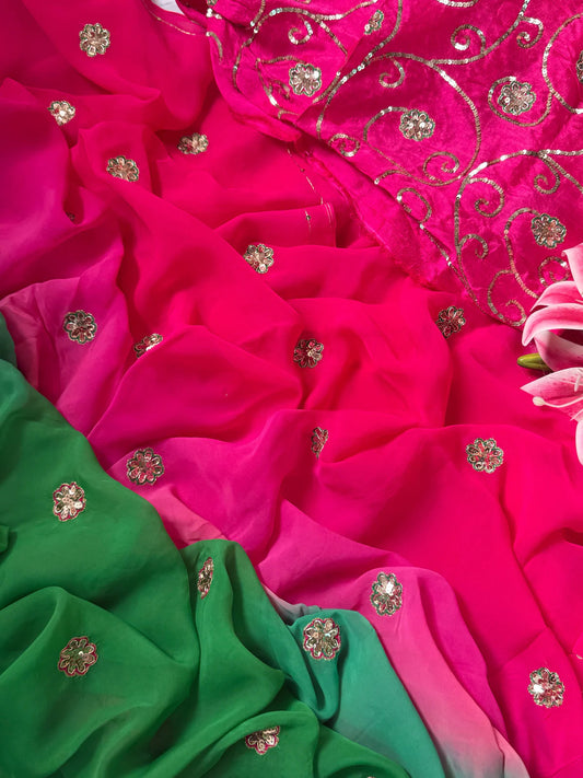 Green pink chiffon saree with Jaal blouse