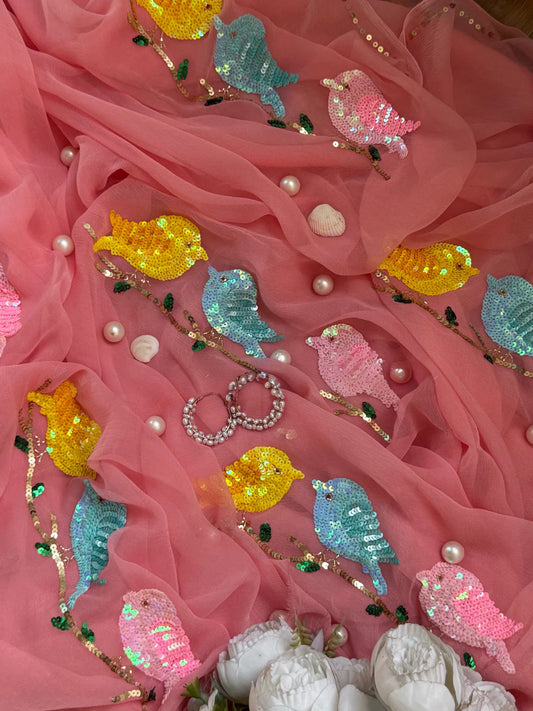 Peach chirpy Birds chiffon saree