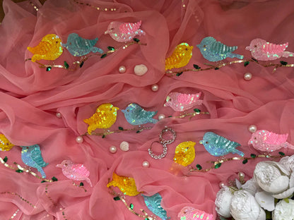 Peach chirpy Birds chiffon saree