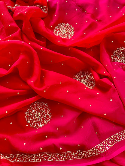 Red Rani cutdana Glimmer saree
