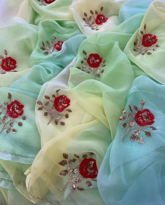 Ombre cream shaded sequins buta saree