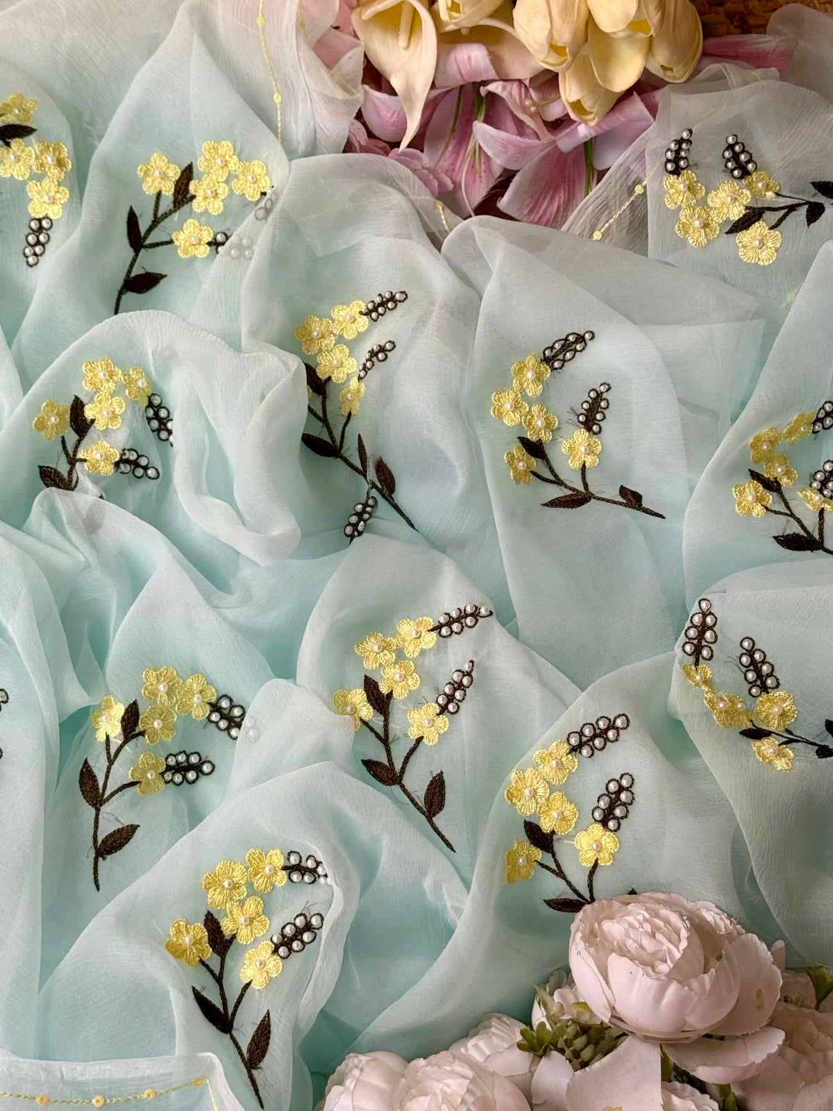 Powder blue Resham flower saree