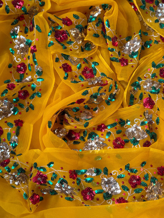 Yellow sequins border saree
