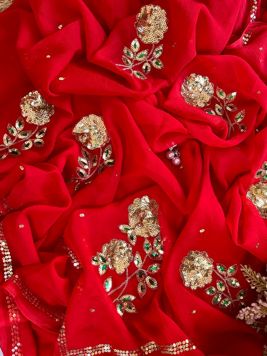 Red Rose sequins Buta saree