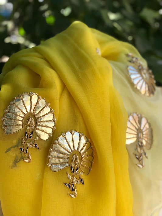 yellow shaded Zardoji buta saree