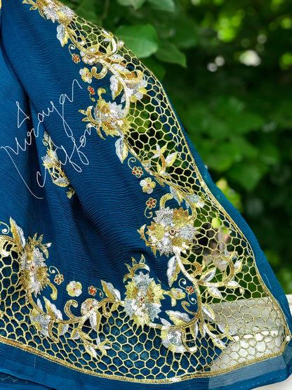 Teal Blue Cutwork Border Miraya Chiffon Sarees