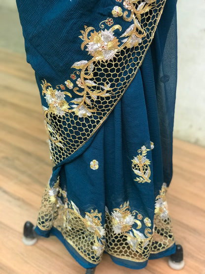 Teal Blue Cutwork Border Miraya Chiffon Sarees