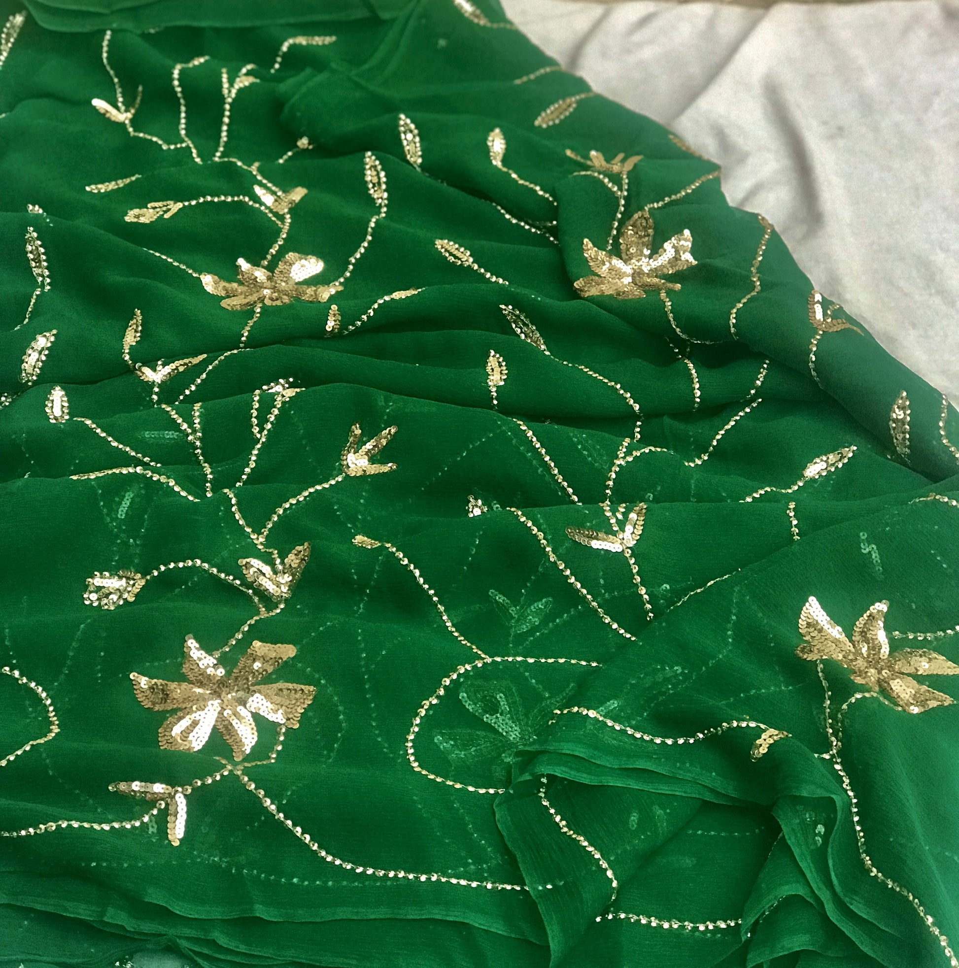 Bottle Green Golden Sequins Jaal Miraya Chiffon Sarees