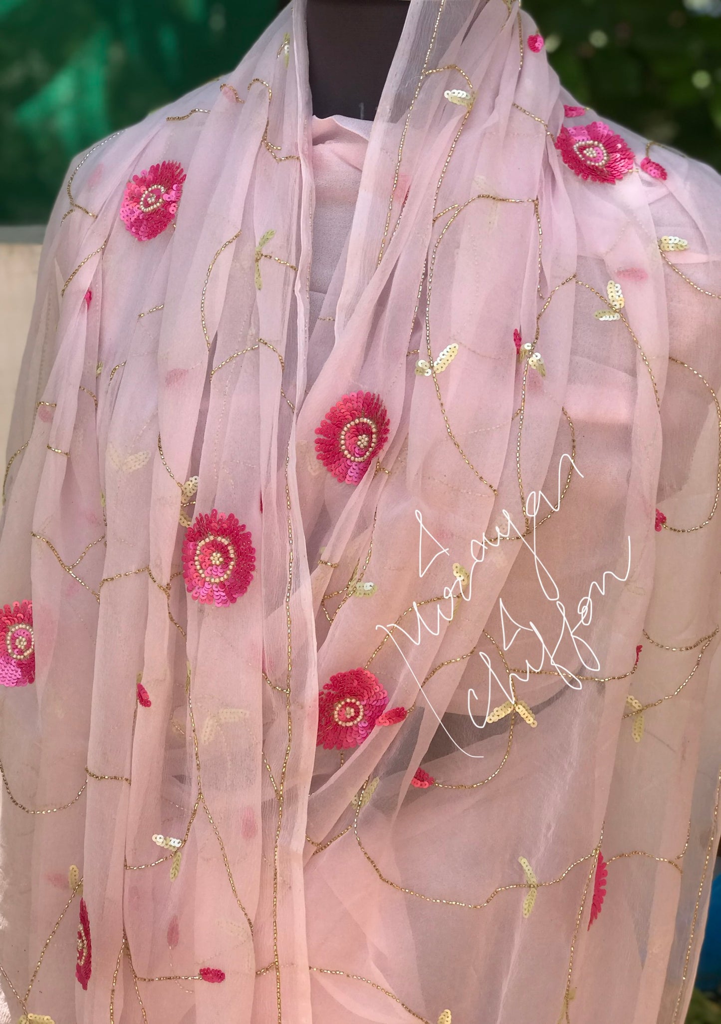 Pink Sequins Cutdana Jaal Miraya Chiffon Sarees