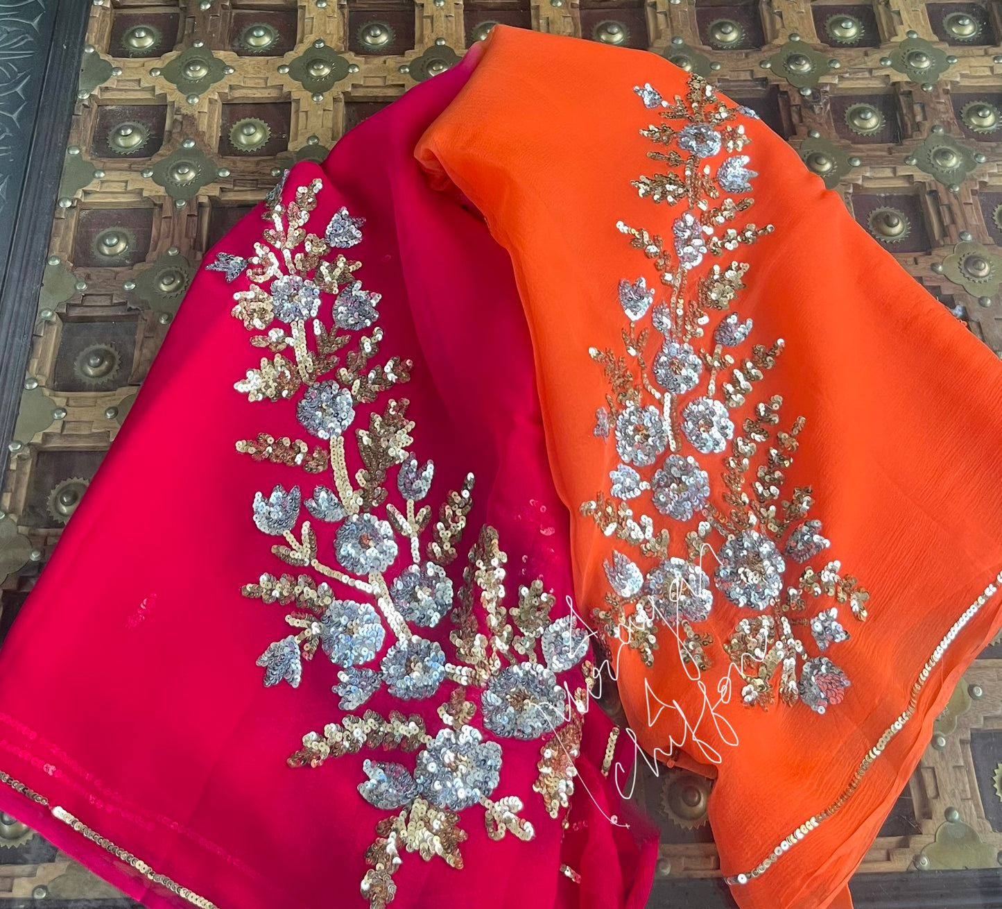 Ombre Orange Magenta Sequins Motifs Miraya Chiffon Sarees