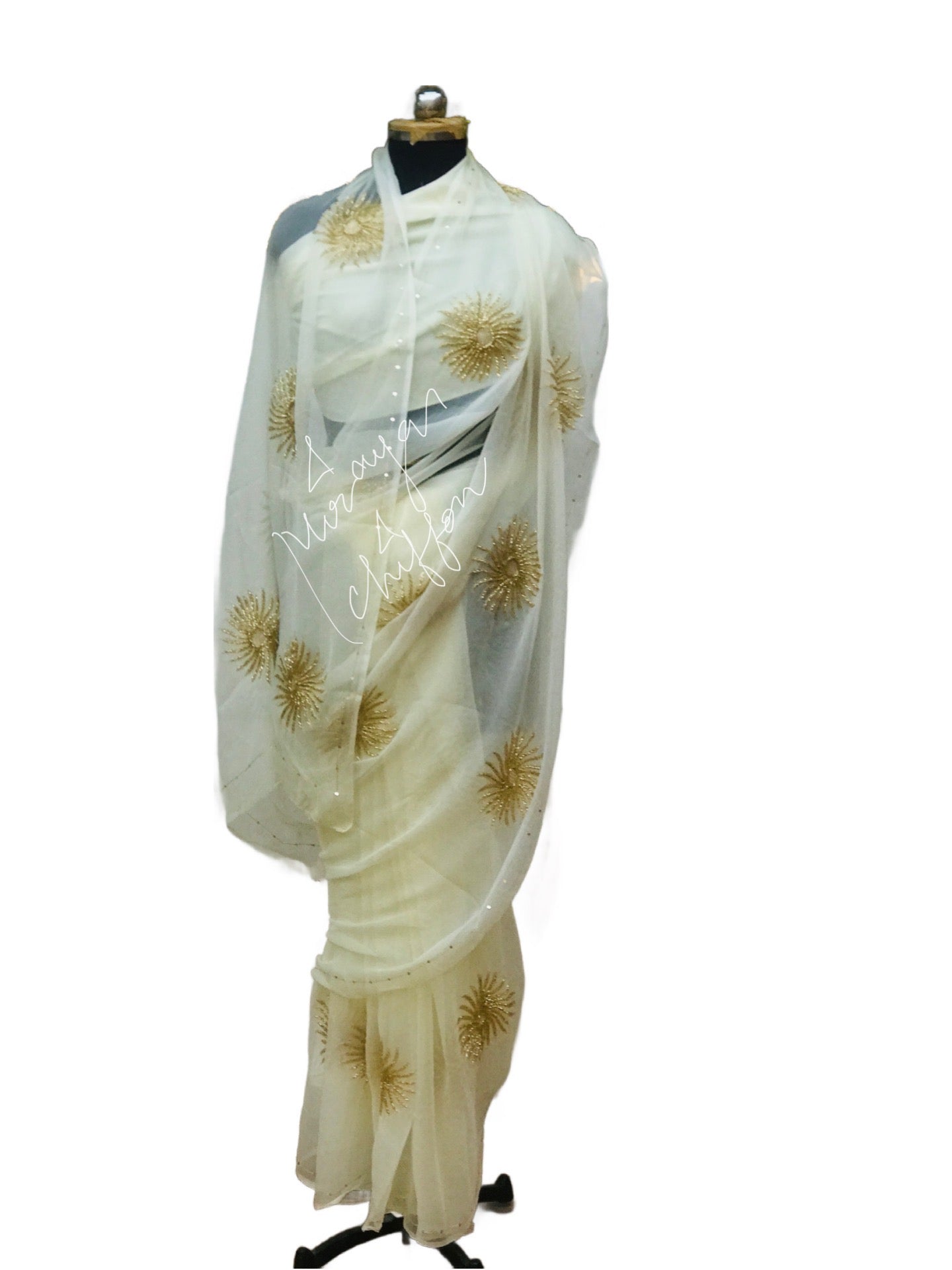 Cream Cutdana Motifs Miraya Chiffon Sarees