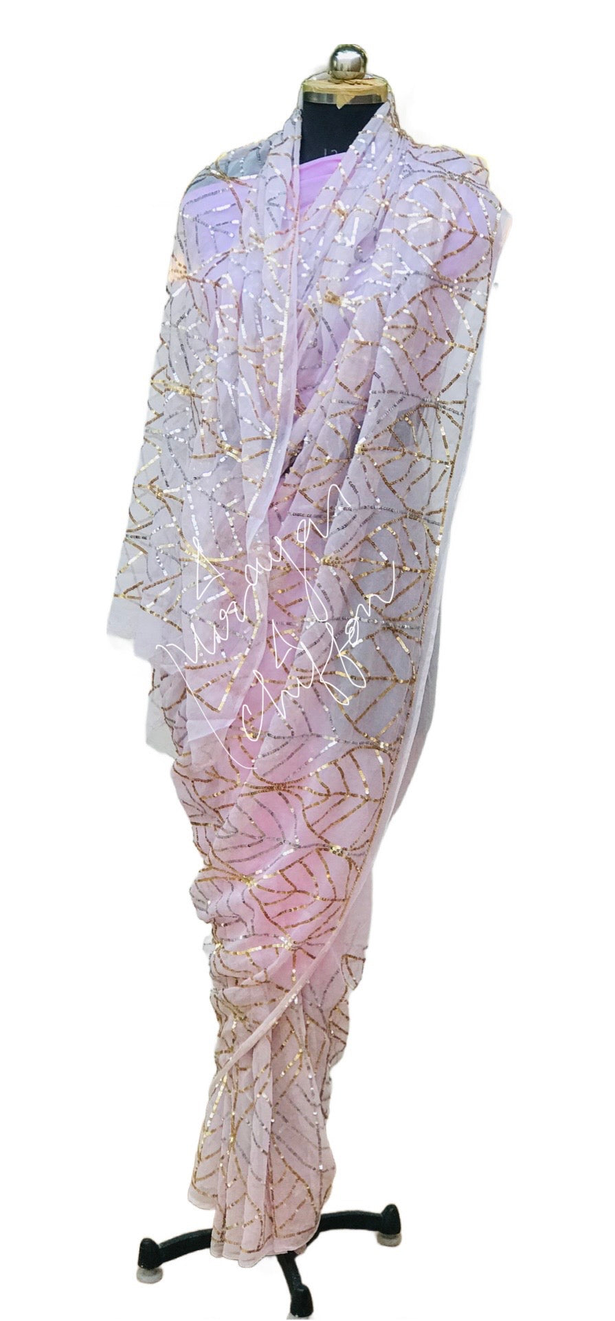 Baby Pink Golden Silver Sequins Jaal Miraya Chiffon Sarees