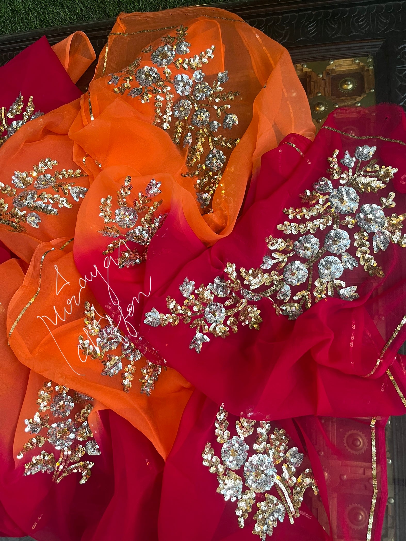 Orange Shaded Sequins Motifs Miraya Sarees