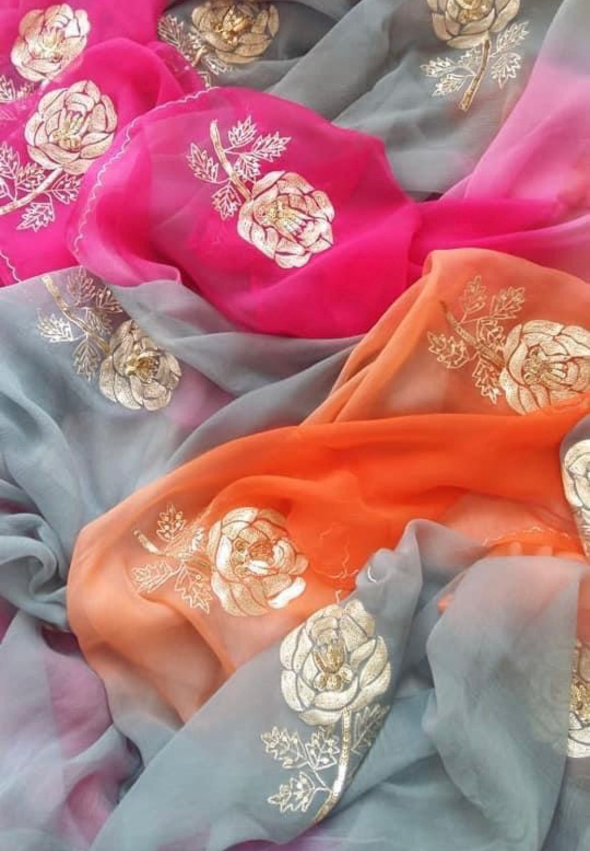 Grey Pink Orange Peach Ombre Dyed Aari Rose Motifs Miraya Chiffon Sarees