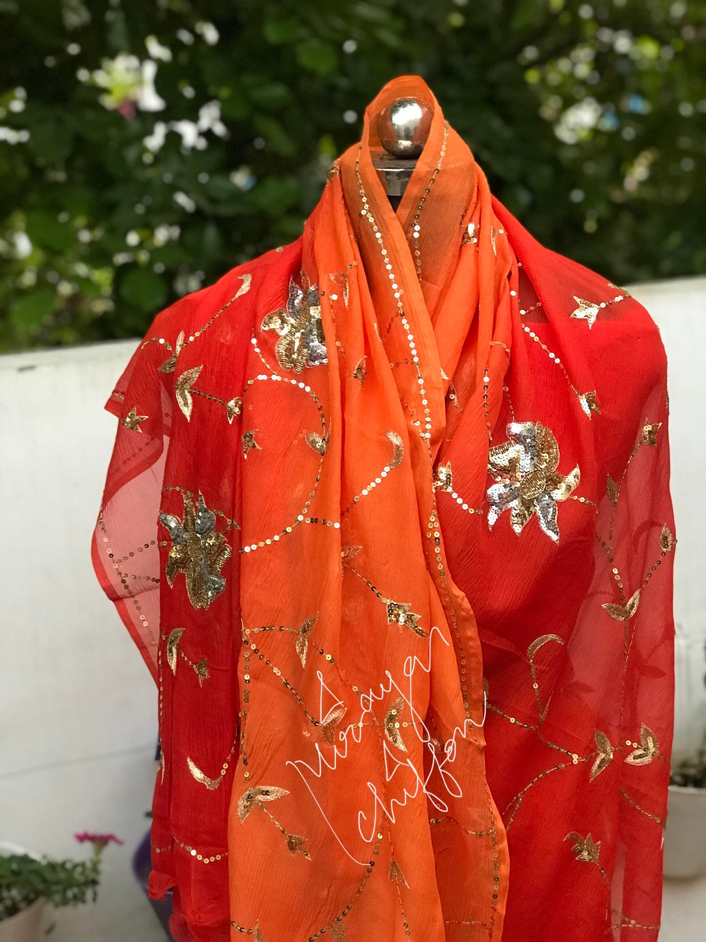 Orange Shaded Aari Sequins Jaal Miraya Chiffon Sarees