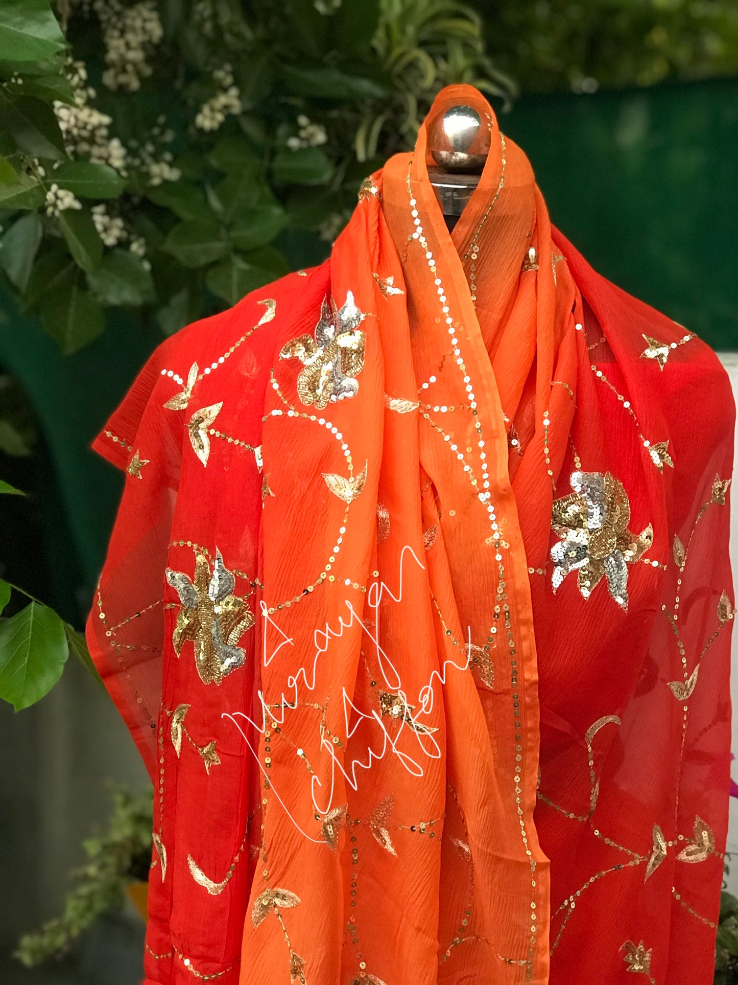 Orange Shaded Aari Sequins Jaal Miraya Chiffon Sarees